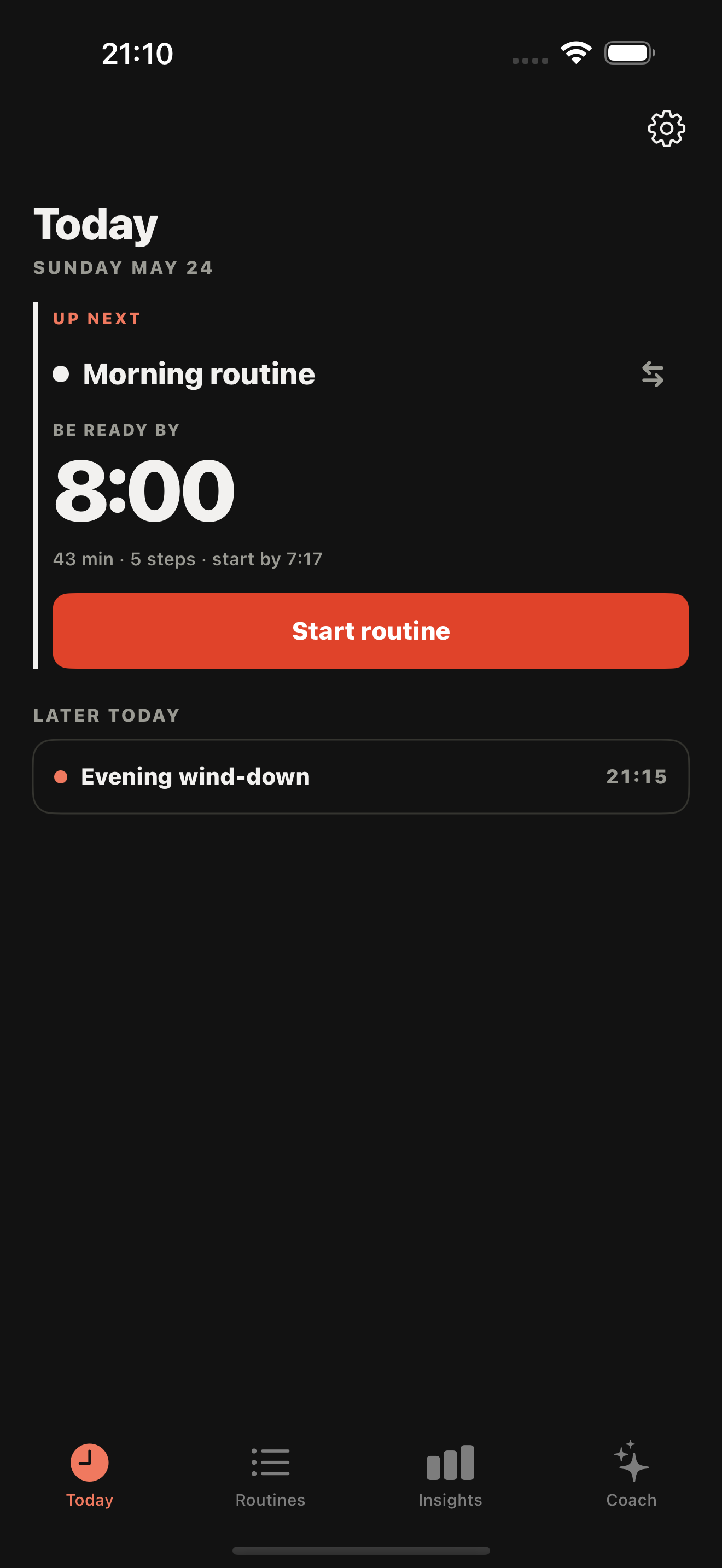 Ritualy Today screen: 'Morning routine, be ready by 8:00', 43 min and 5 steps, with a Start routine button.